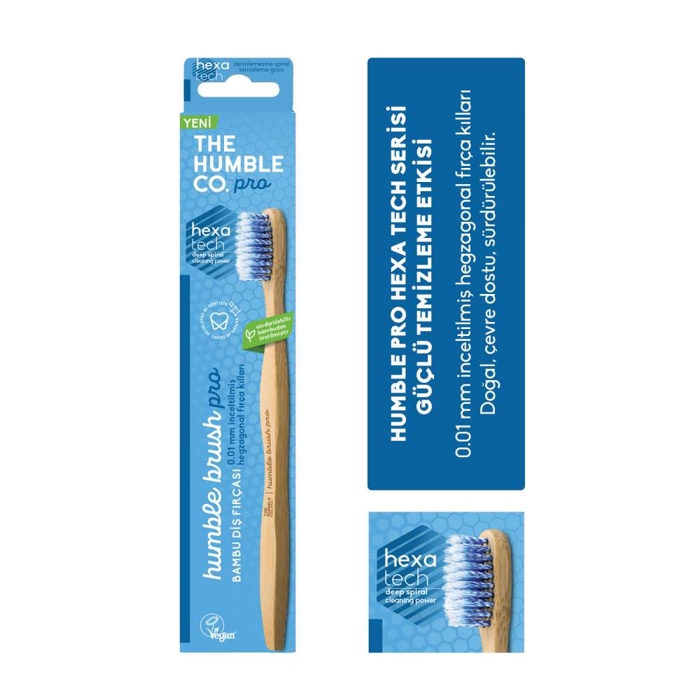 Humble Pro Serisi Bambu Diş Fırçası, 0.01 mm inceltilmiş hegzagonal spiral fırça kılları, mavi