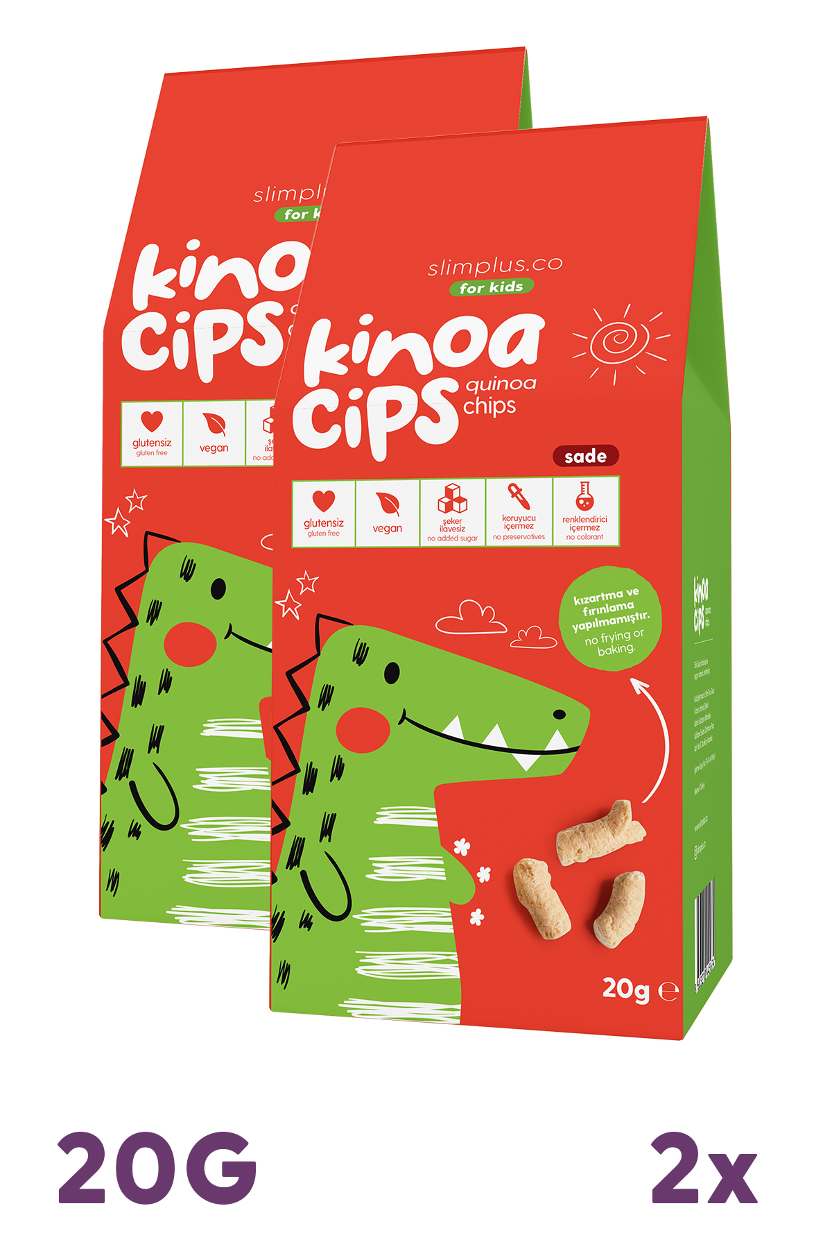 2 Paket 20G Sade Kinoa Cipsi for Kids Glutensiz Vegan Yağsız Cips Çocuklara Özel Ambalaj Sevimli Dinozor