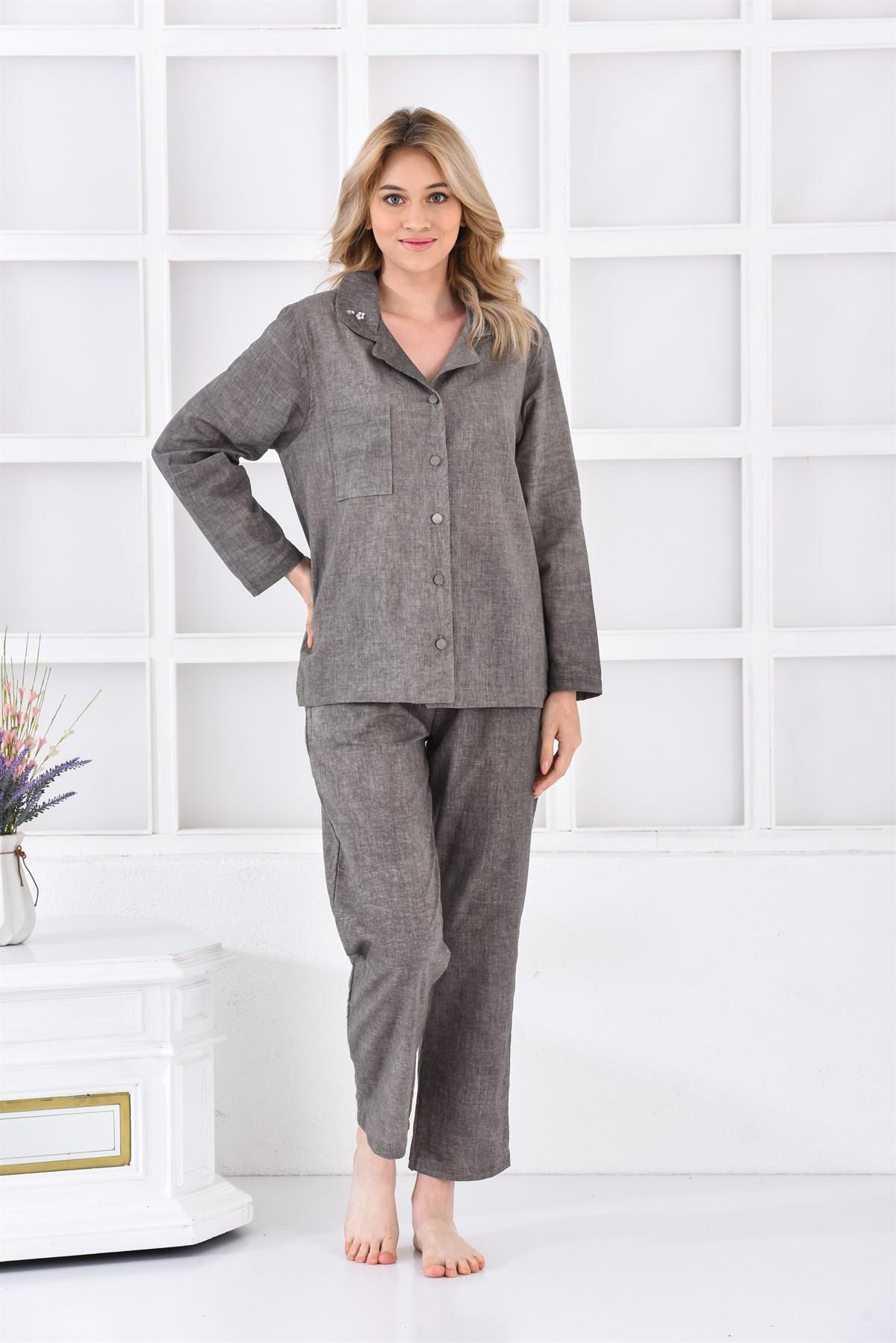 Ecocotton Helen Kadın Şortlu Pijama Takımı %100 Organik Pamuk Keten Karışımlı Yeşil