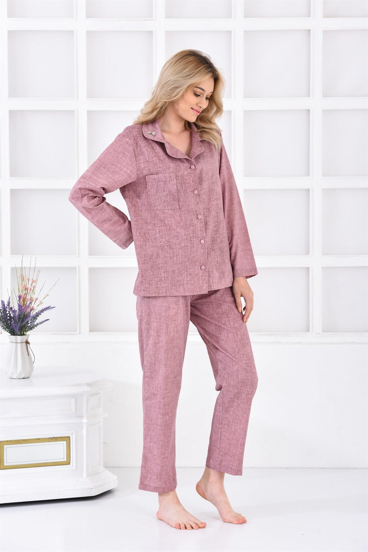 Ecocotton Helen Kadın Pijama Takımı %100 Organik Pamuk Keten Karışımlı Mürdüm