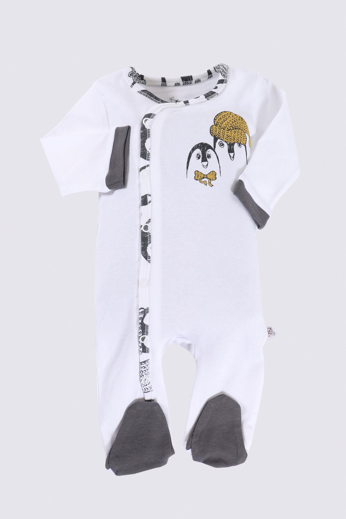 Ecocotton Pingu Bebek Tulumu %100 Organik Pamuk Penye Baskılı Beyaz