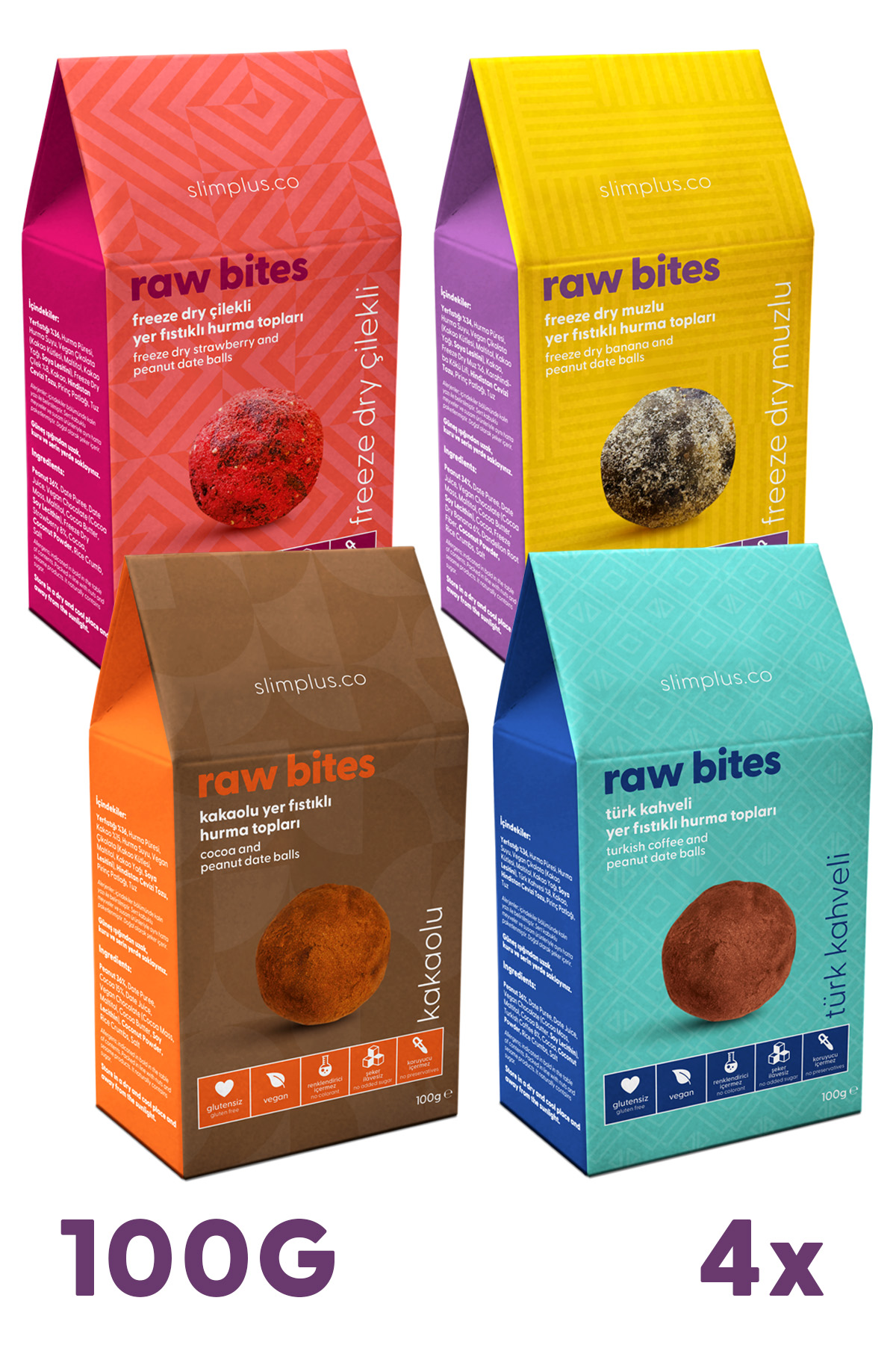 4'lü Glutensiz Vegan Yerfıstıklı Hurma Topları Raw Bites Mix Paket 100gr