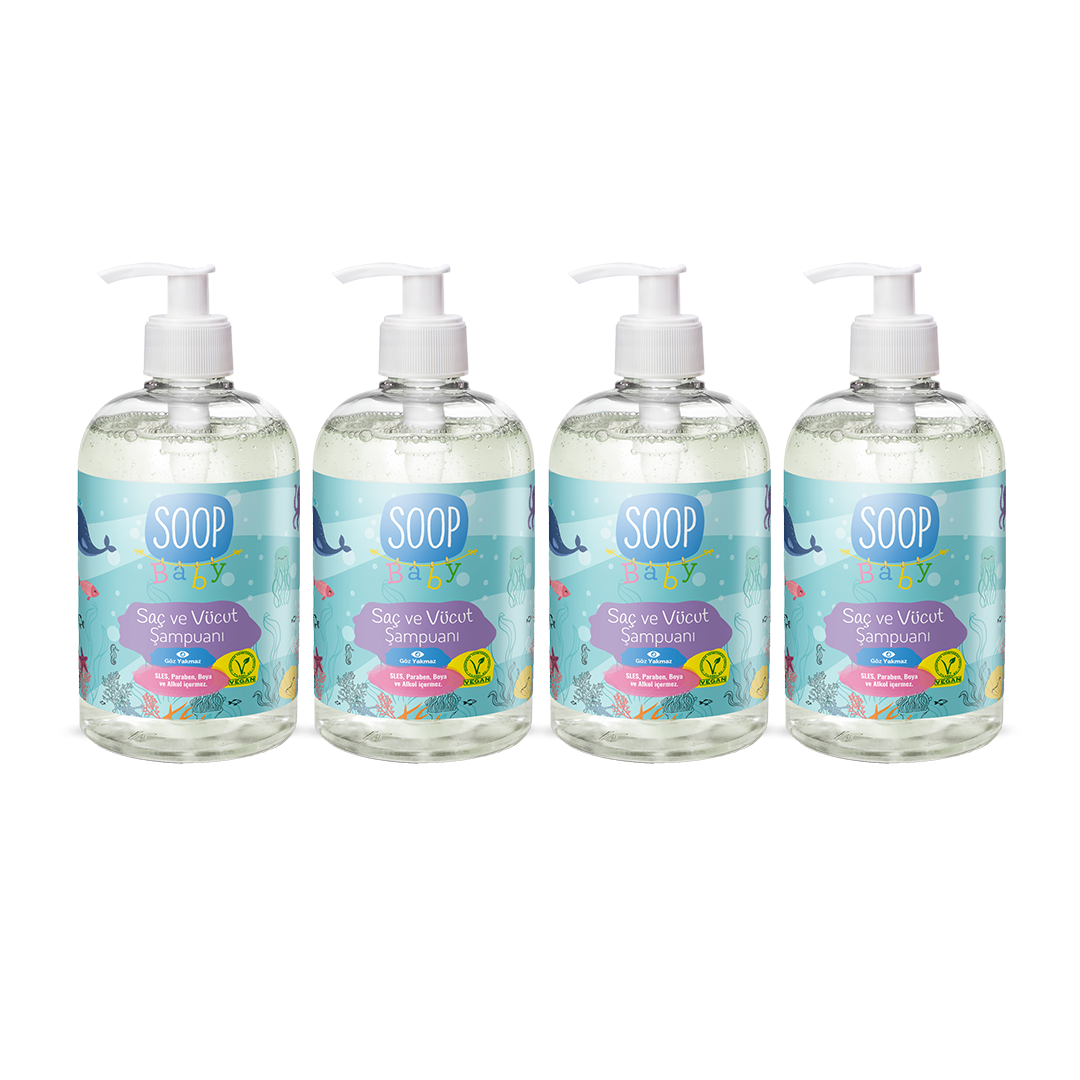 SOOP Baby Saç ve Vücut Şampuanı 4'lü Paket 500mlx4, Vegan, Doğal İçerik