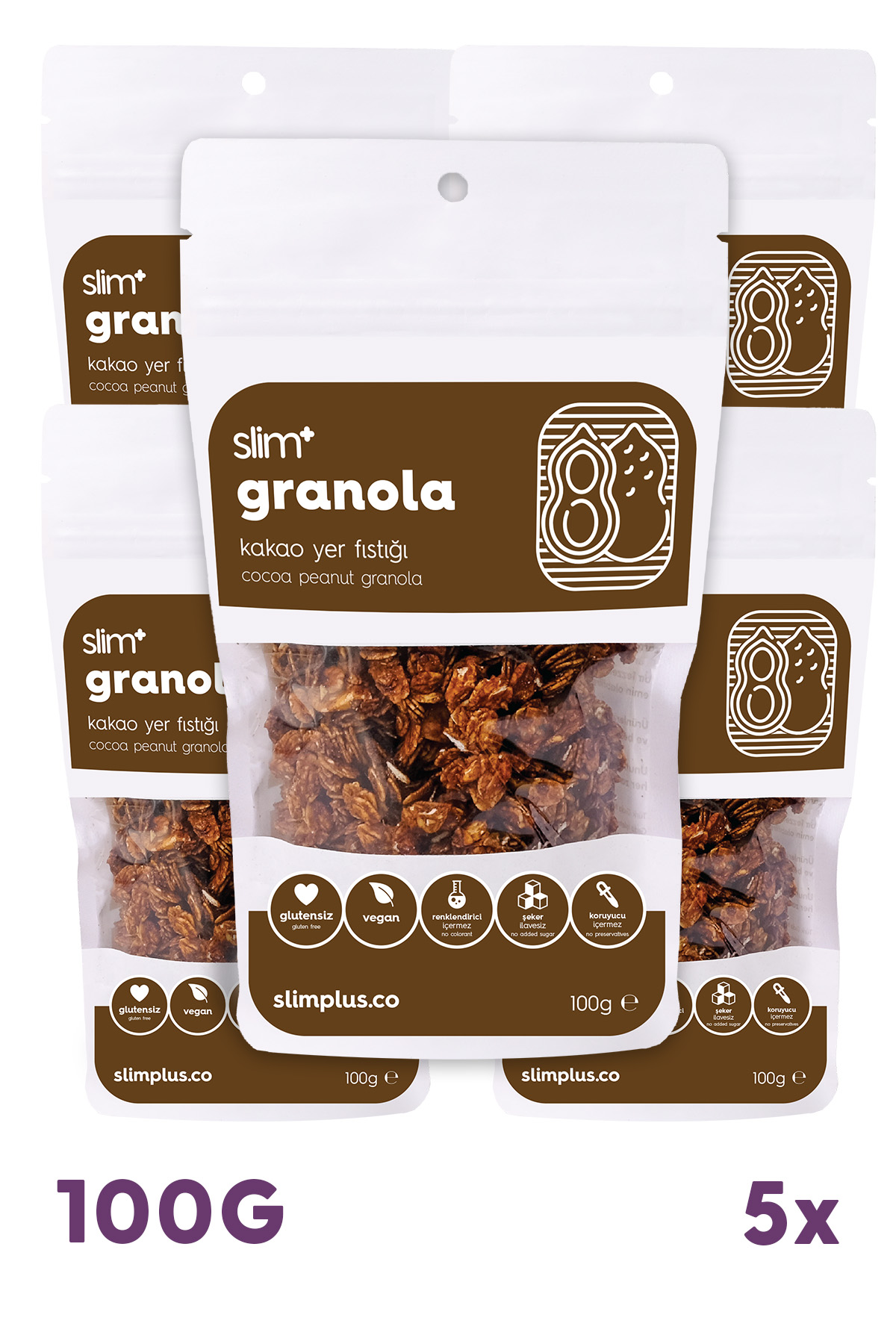 5 Paket Kakao Yer Fıstığı Glutensiz İlave Şekersiz Vegan Granola 100gr