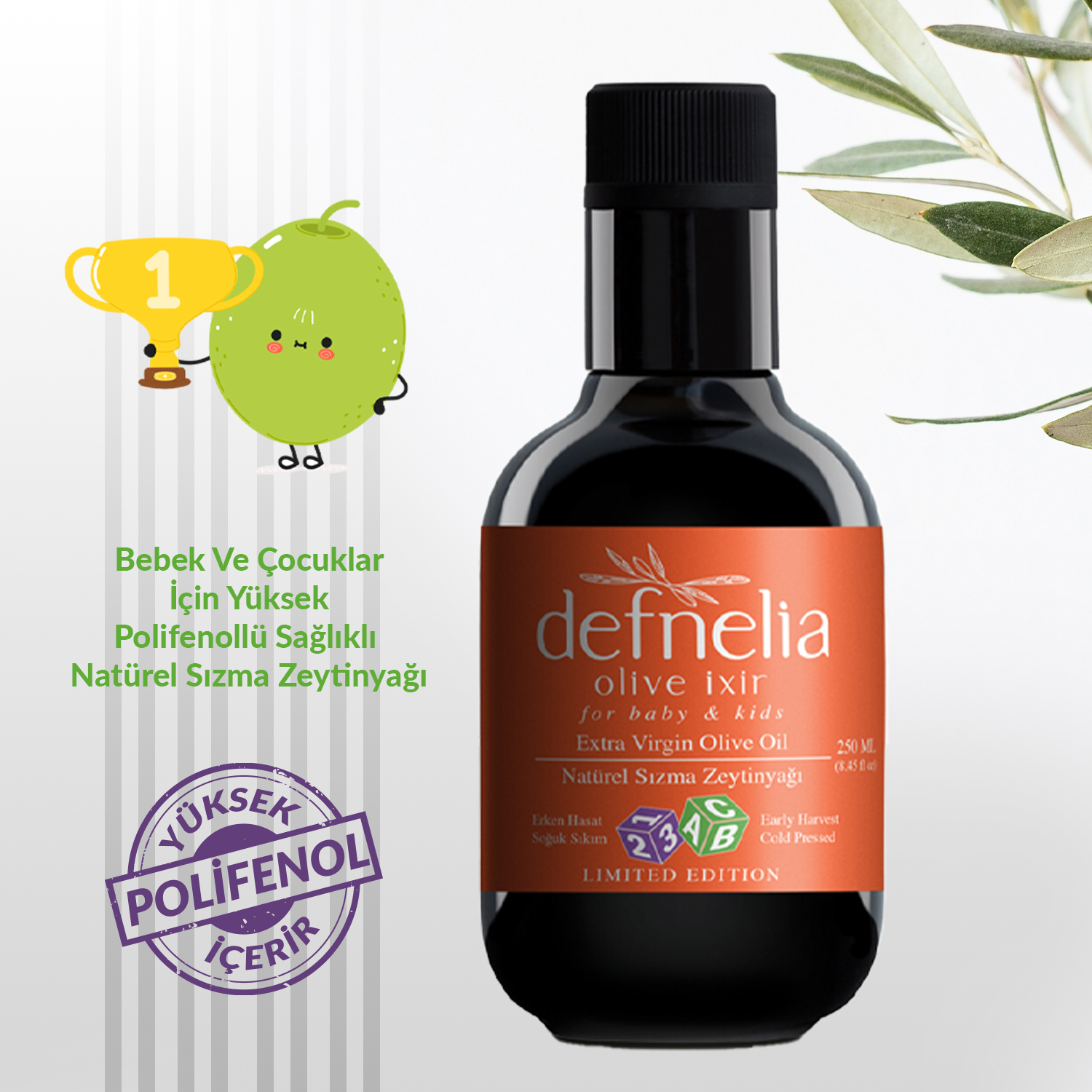 Defnelia olive ixir 2022 Hasat Bebek ve Çocuklar için Yüksek Polifenol (365) Sağlıklı Natürel Sızma Zeytinyağı 250 ml