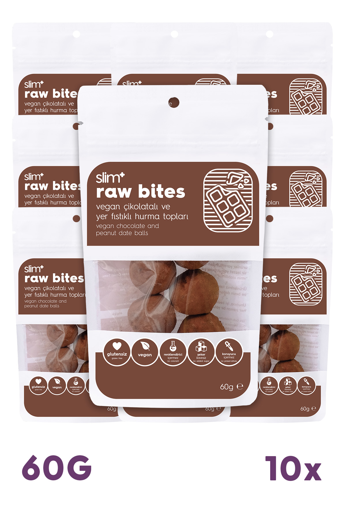 10 Paket Kakao Kaplı Glutensiz Vegan Yerfıstıklı Hurma Topları Raw Bites 60gr