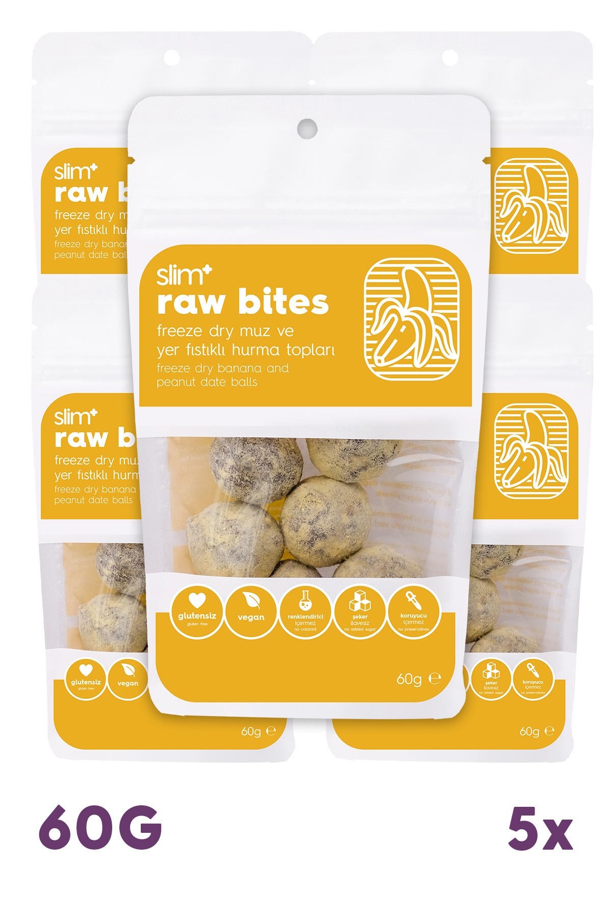 5 Paket Freeze Dry Muz Kaplı Glutensiz Vegan Yerfıstıklı Hurma Topları Raw Bites 60gr