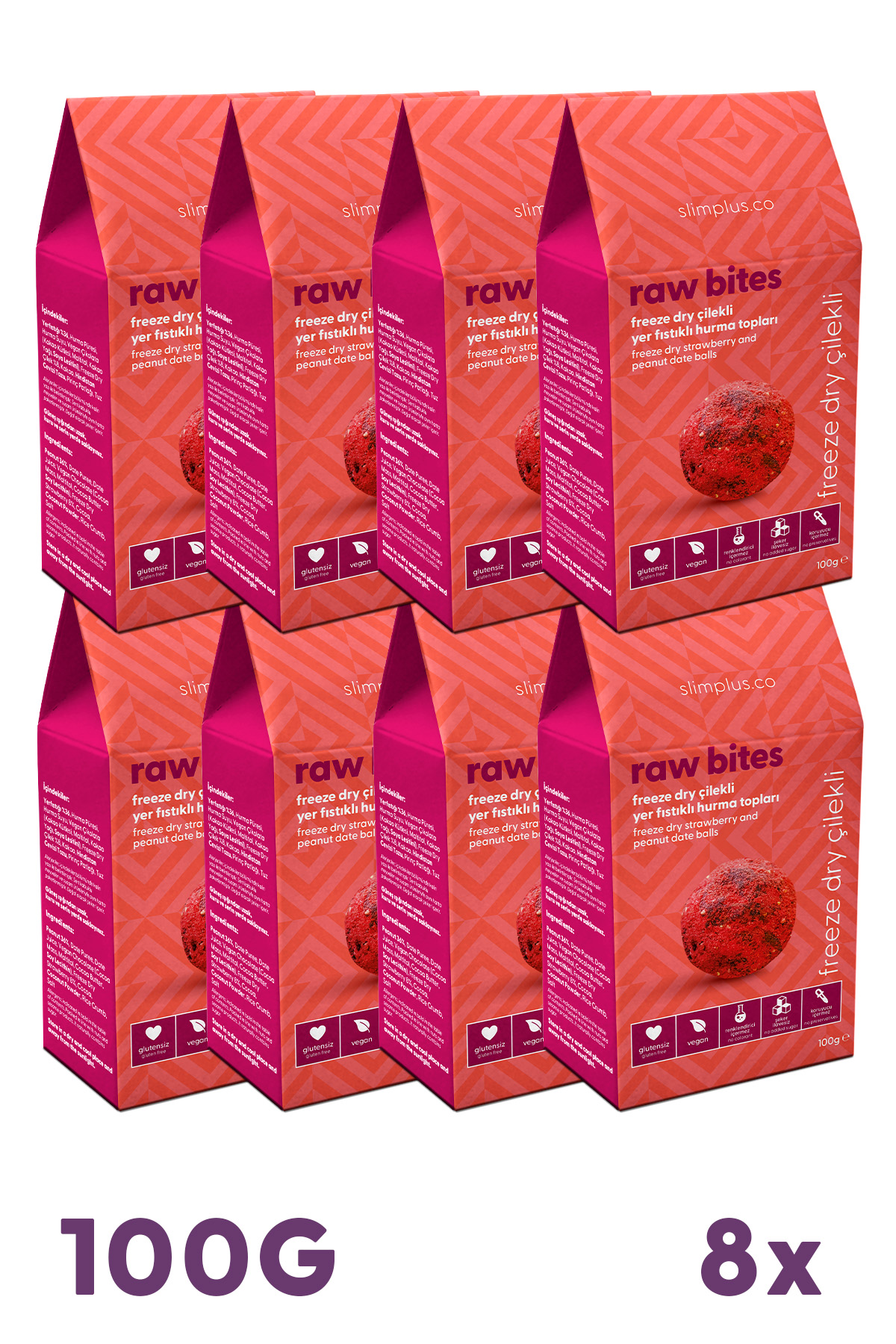 8 Paket Freeze Dry Çilek Kaplı Glutensiz Vegan Yerfıstıklı Hurma Topları Raw Bites 100G