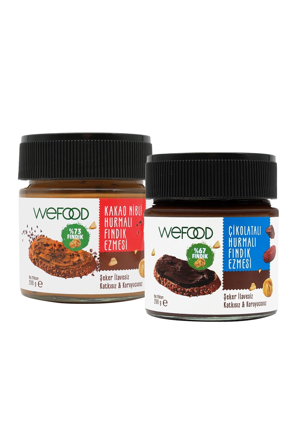 Wefood Kakao Nibli Hurmalı Fındık Ezmesi 200 gr + Wefood Çikolatalı Hurmalı Fındık Ezmesi (Şekersiz, Katkısız) 200 gr